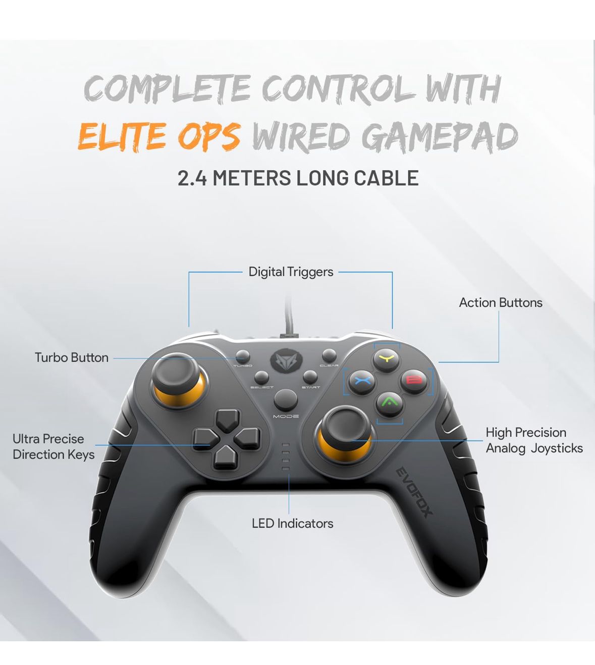 EvoFox Elite Ops Wired Gaming Controller for PC, Android TV and PS3 with 2.4m Long Cable | Dual Vibration Rumble Motors | Zero Lag Connectivity with Plug and Play functionality |2.4m Long Cable, X-Input & D-Input | Black - Image 3